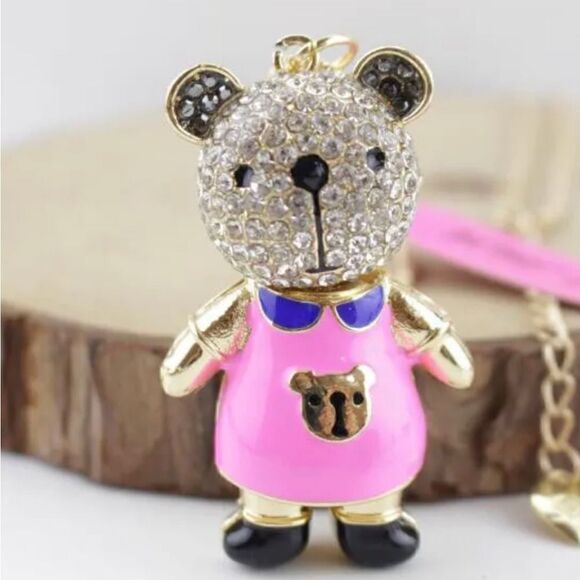Bear Pendant Rhinestone Charm lovable Necklace NWOT - Picture 2 of 4